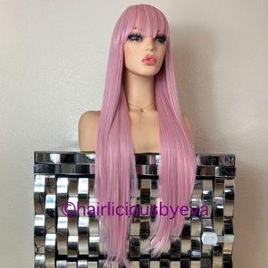 Pink wig straight with bangs 26 inch long heat ok